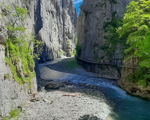 The best things to do in Meiringen, following the river along the wooden path anchored in the cliff walls