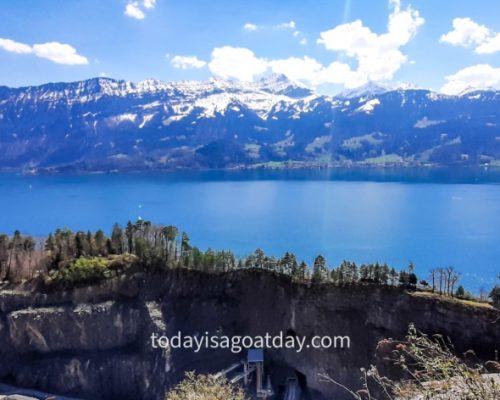 Hiking along the Jacob`s trail , looking into a quarry underneath a lake