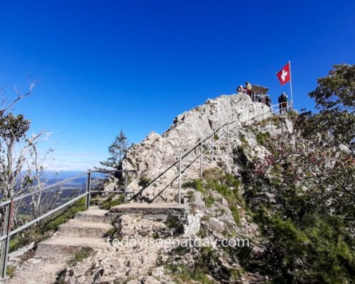 Hike in Olten, stairs carved in stone leading to the rocky peak Belchenflue