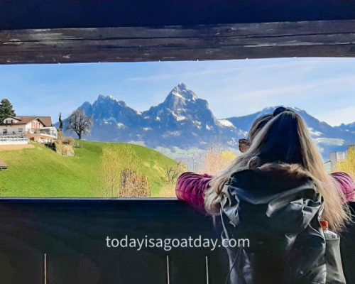 Easy hike in canton Schwyz, Sophia looking at at Wilerbrücke