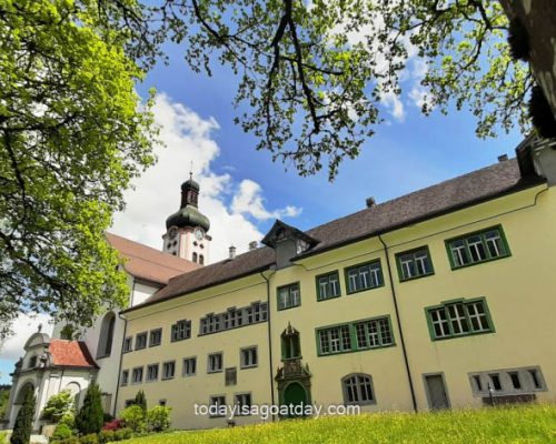 Great walking tour in Fischingen, Canton Thurgau, Fischingen Monastery on a sunny day, Walk and Hike in Fischingen