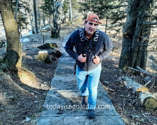 Top hike in Ticino, Krisztian climbing up the stairs