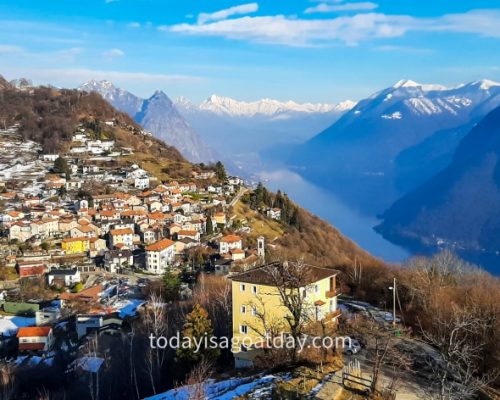 Top hike in canton Ticino, view of Brè and Lake Lugano