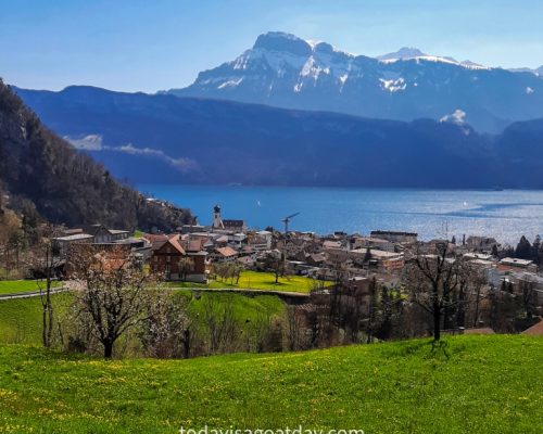 Hiking in canton Schwyz, view of Gersau and lake Lucerne