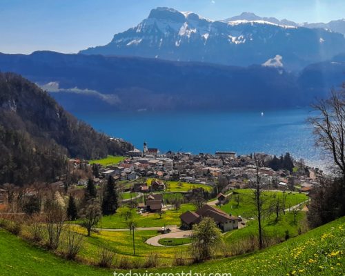 Hiking in canton Schwyz, view of Gersau from high above