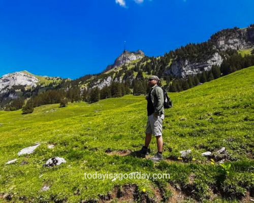 great hike in Appenzell, man standing on lawn with mountains in the background