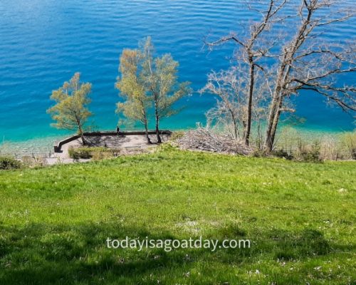 Hiking along the Jacob`s trail , green lawn and blue lakes