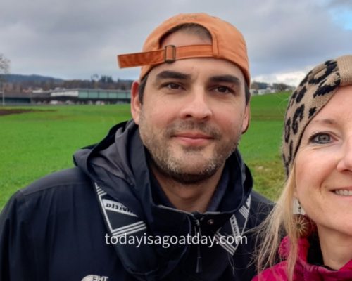 Hiking in canton Zurich, selfie of couple with grey sky in the background at Pfäffikersee