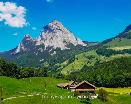 Hike in Central Switzerland, Mythen mountains, Swiss chalet