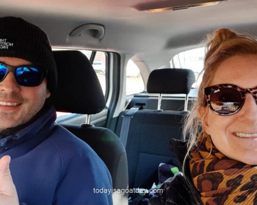 Hiking in Solothurn, 1000 stair steps, couple taking selfie inside a car