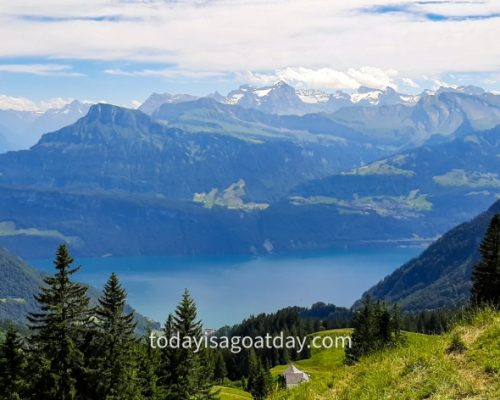 Rigi Hiking Trails, view over a lake and mountain landscape