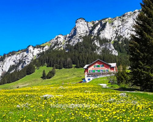 great hike in Appenzell, guest house Ruhesitz, hoher kasten mountain in the background, Alpstein