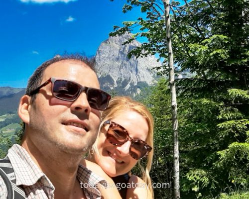 Hike in Central Switzerland, Mythen mountains, couple taking selfie