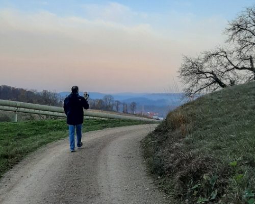 Activity in canton Aargau, Krisztian walking into the sunset over the Villiger vinyards