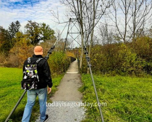 Hiking in St. Gallen, Krisztian crossing the suspension bridge