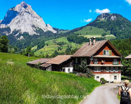 Hike in Central Switzerland, Mythen mountains, Swiss chalet