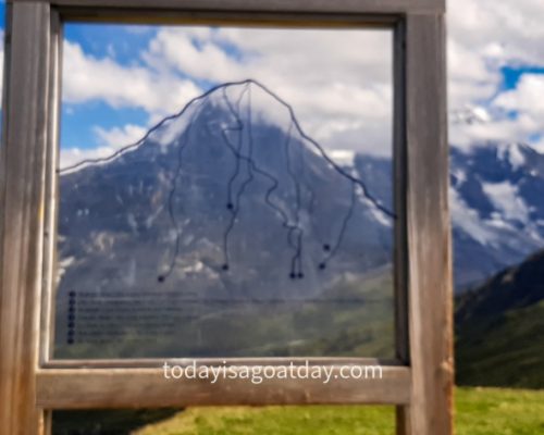 Top hike from Grindelwald , wooden transparant board showing the Eiger North Face hiking routes