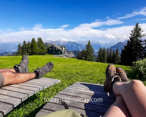 Rigi Hiking Trails, legs of two people lying on a sunbed