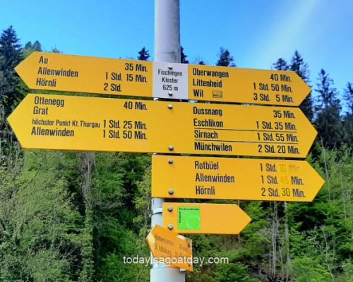 Walking in Fischingen, yellow signage, arrows pointing in all directions, Walk and Hike in Fischingen